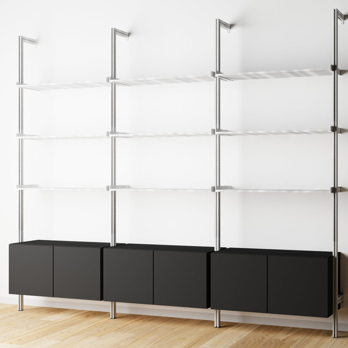 Modular Shelving Units - Aluminum Shelves and Wood Cabinets