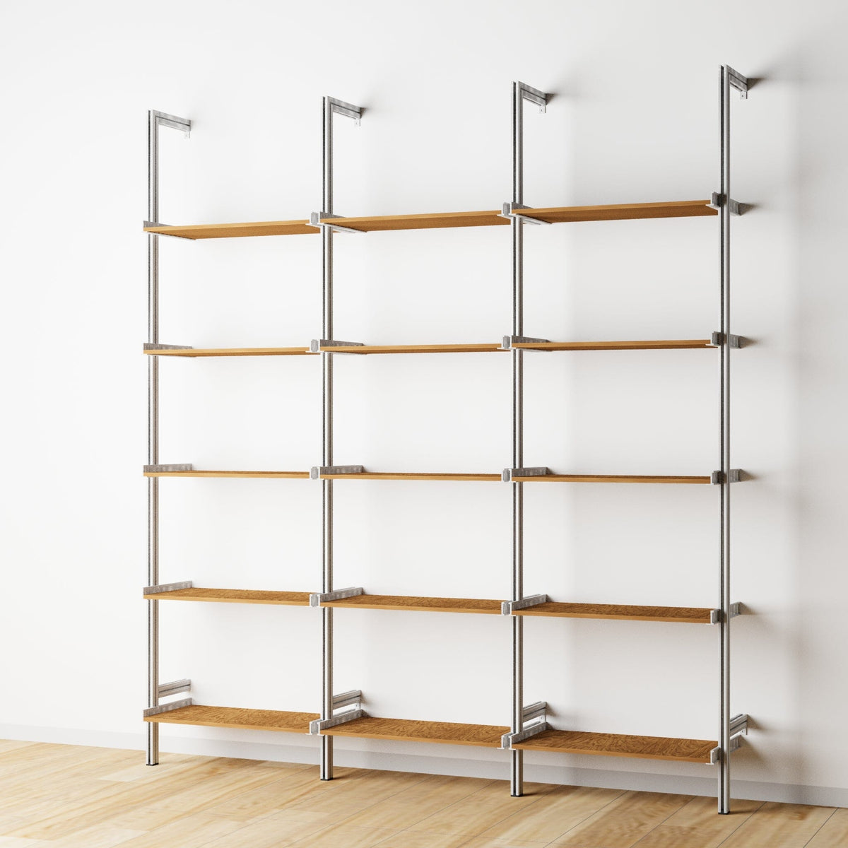 Wood shelf modular shelving unit with Tea for Two shelves and satin vertical posts, three bays, 24-inch shelf width, shown with open shelf levels.