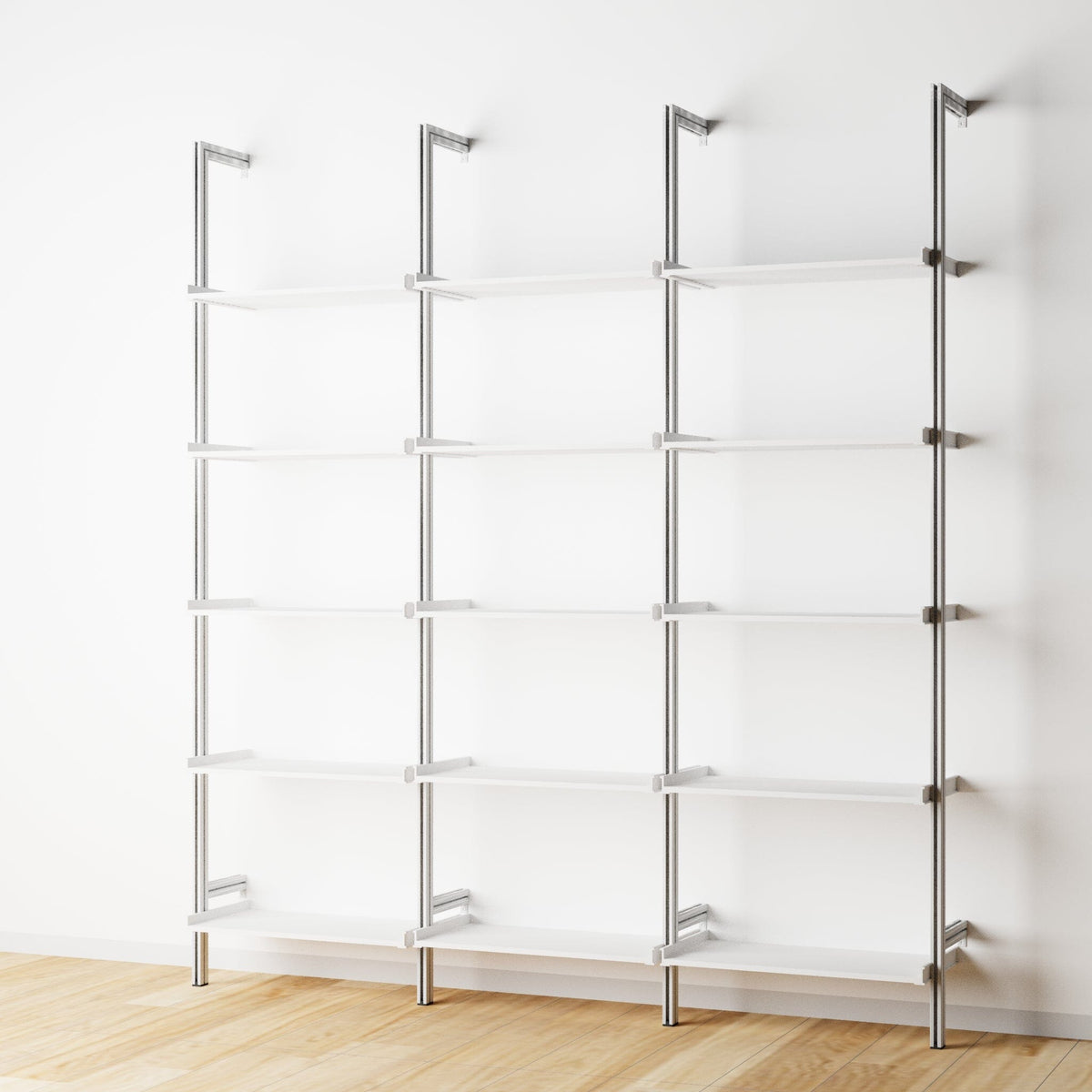 Modular shelving extension with white shelves and satin vertical post, three bays, 24-inch shelf width, shown with open shelf levels.