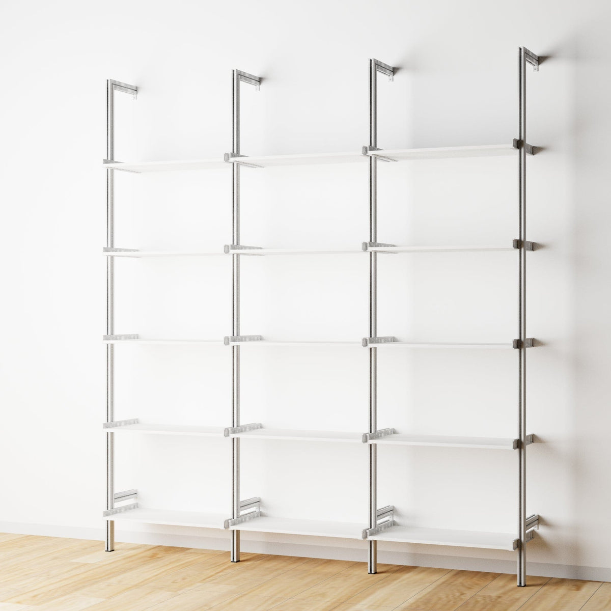 Wood shelf modular shelving unit with white shelves and satin vertical posts, three bays, 24-inch shelf width, shown with open shelf levels.