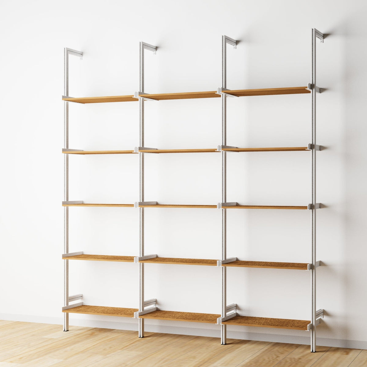 Wood shelf modular shelving unit with Tea for Two shelves and white vertical posts, three bays, 24-inch shelf width, shown with open shelf levels.