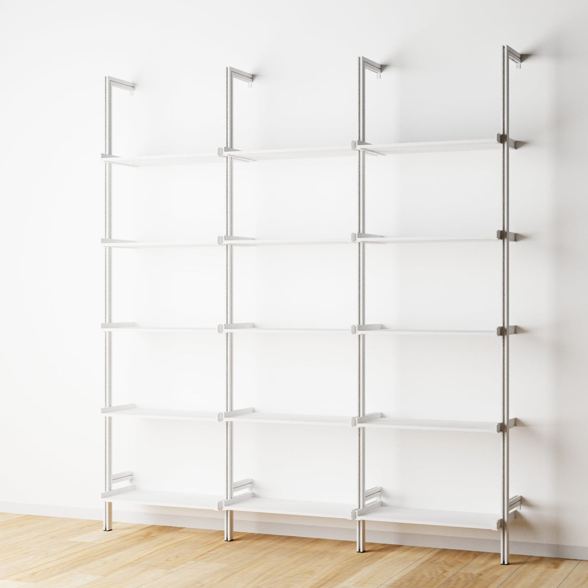 Modular shelving extension with white shelves and white vertical post, three bays, 24-inch shelf width, shown with open shelf levels.