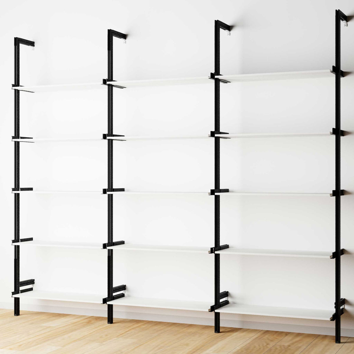 Modular shelving extension with white shelves and white vertical post, three bays, 31-inch shelf width, shown with open shelf levels.