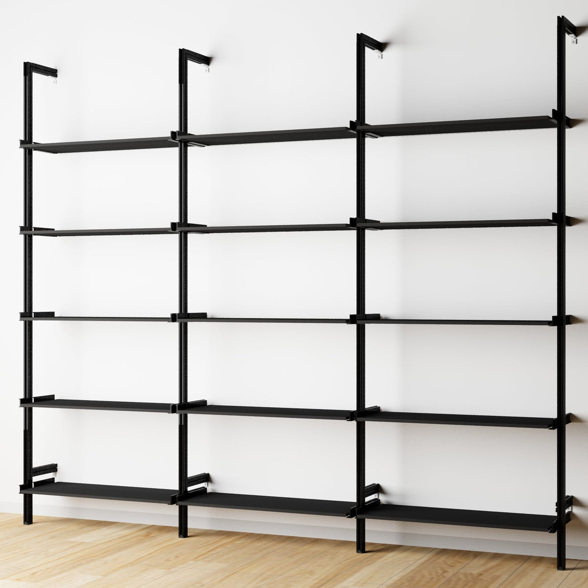Wood shelf modular shelving unit with black shelves and black vertical posts, three bays, shown with open shelf levels.