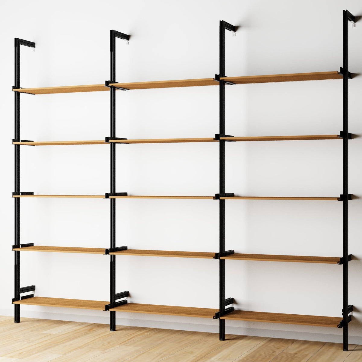 Wood shelf modular shelving unit with Tea for Two shelves and black vertical posts, three bays, shown with open shelf levels.