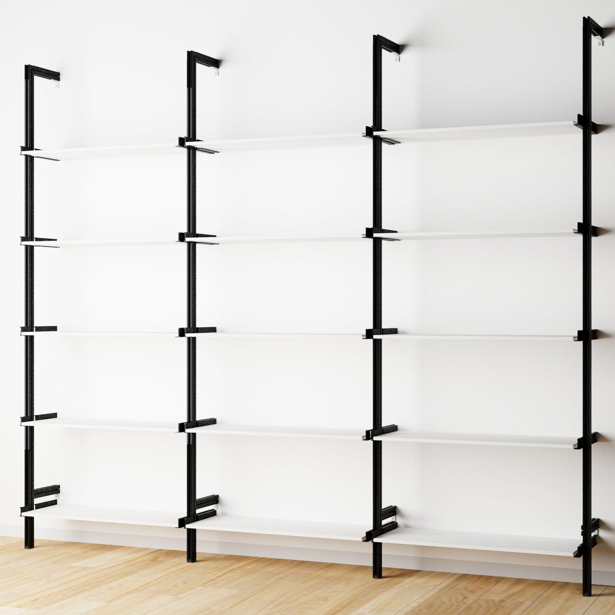 Wood shelf modular shelving unit with white shelves and black vertical posts, three bays, shown with open shelf levels.
