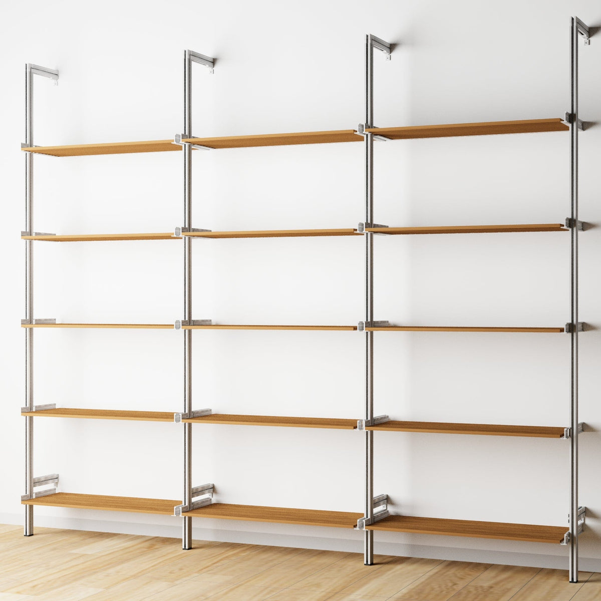 Wood shelf modular shelving extension with Tea for Two shelves and satin vertical post, three bays, shown with open shelf levels.