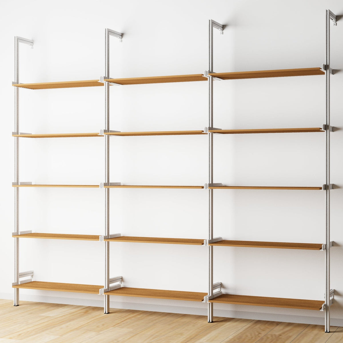 Wood shelf modular shelving extension with Tea for Two shelves and white vertical post, three bays, shown with open shelf levels.