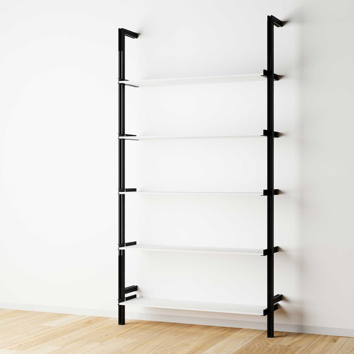 Modular shelving unit with white shelves and black vertical posts, one bay, 48-inch shelf width, shown with open shelf levels.