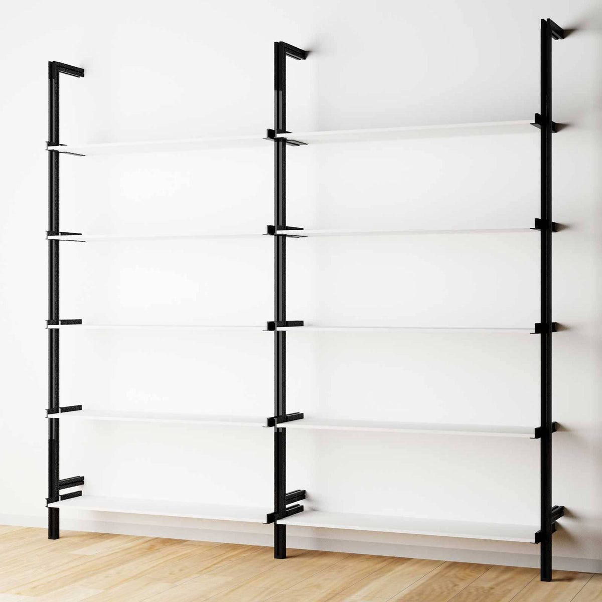 Modular shelving unit with white shelves and black vertical posts, one bay, 48-inch shelf width, shown with open shelf levels.