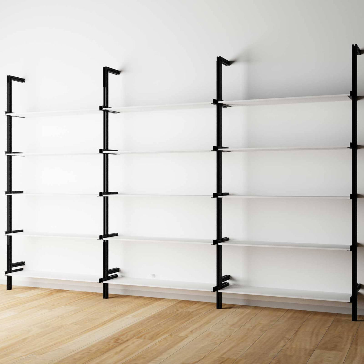 Modular shelving unit with white shelves and black vertical posts, one bay, 48-inch shelf width, shown with open shelf levels.
