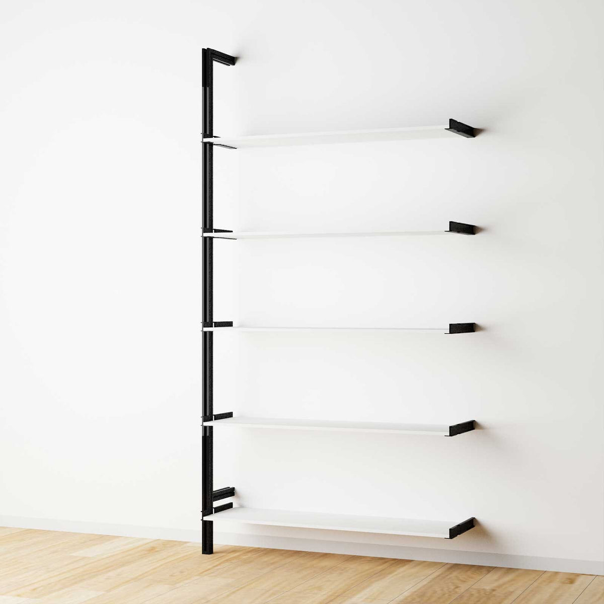 Modular shelving unit with white shelves and black vertical posts, one bay, 48-inch shelf width, shown with open shelf levels.