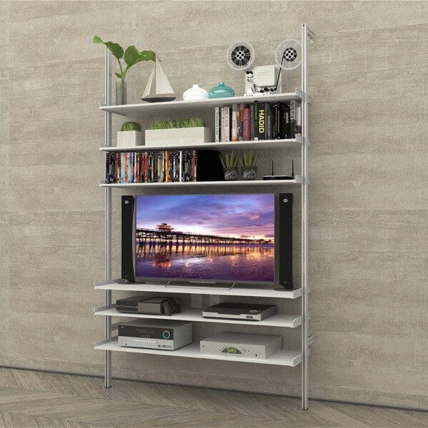 Modular shelving unit with satin shelves and satin vertical posts.