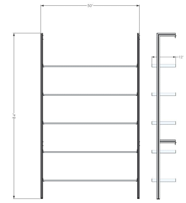 Technical drawing of a modular shelving unit, showing dimensions and shelf layout.