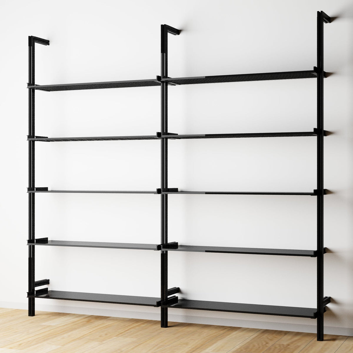 Modular shelving unit with black shelves and black vertical posts, two bays, 31-inch shelf width, shown with open shelf levels.