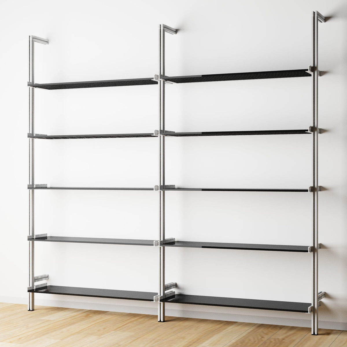 Modular shelving unit with black shelves and satin vertical posts, two bays, 31-inch shelf width, shown with open shelf levels.