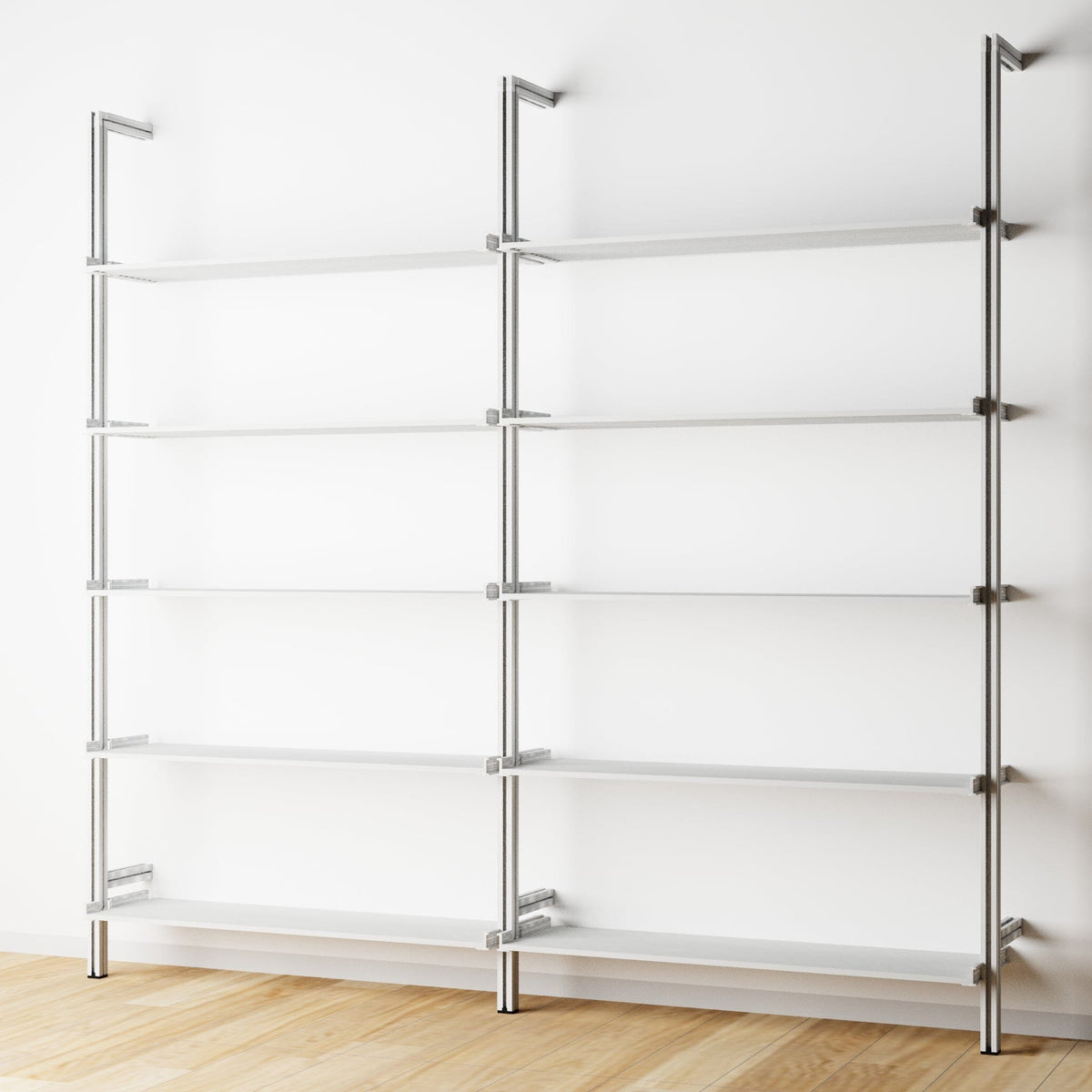Modular shelving unit with satin shelves and satin vertical posts, two bays, 31-inch shelf width, shown with open shelf levels.