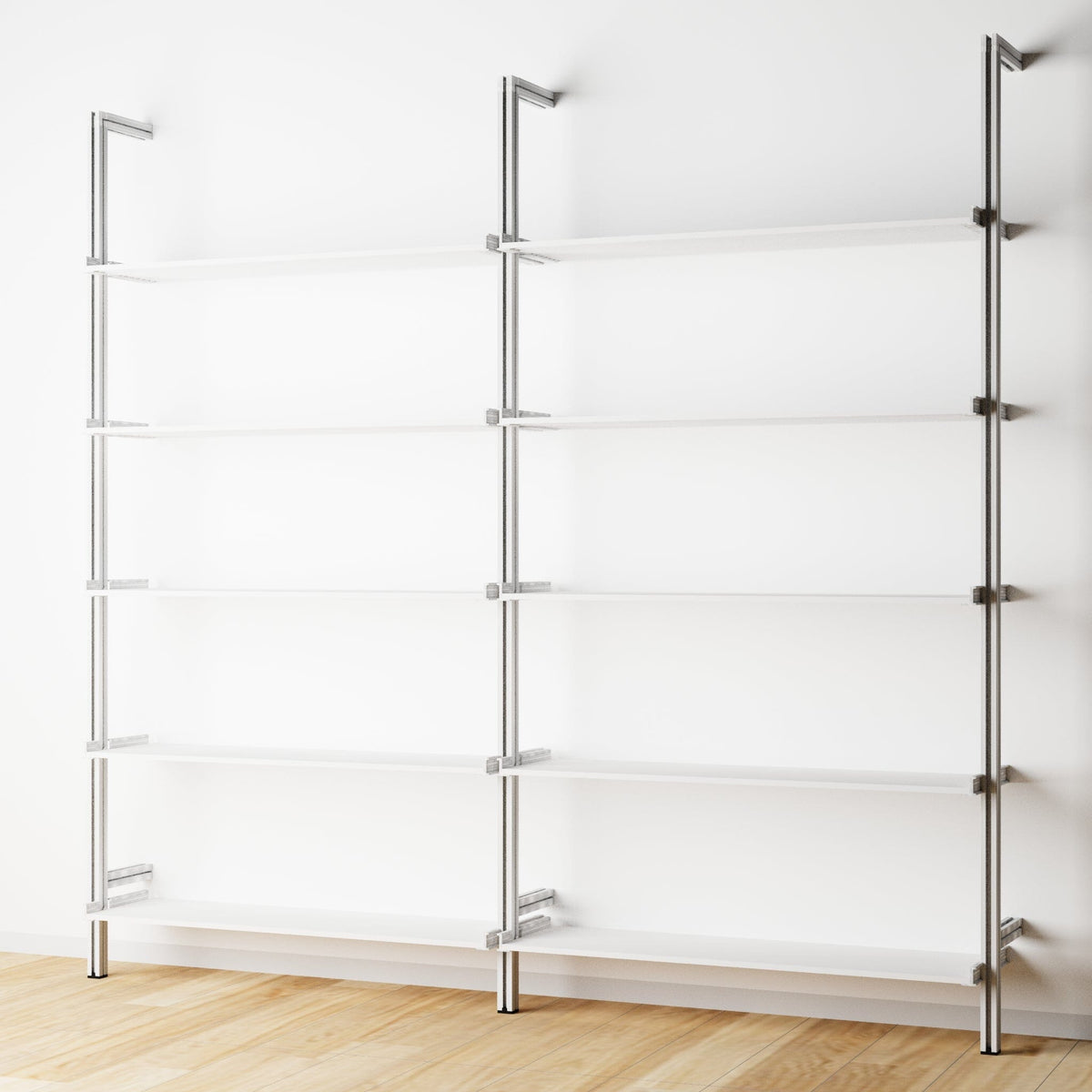 Modular shelving unit with white shelves and satin vertical posts, two bays, 31-inch shelf width, shown with open shelf levels.