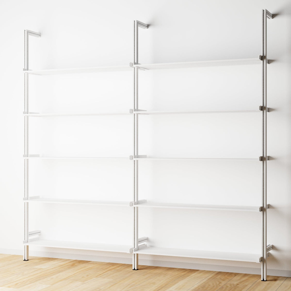 Modular shelving unit with white shelves and white vertical posts, two bays, 31-inch shelf width, shown with open shelf levels.