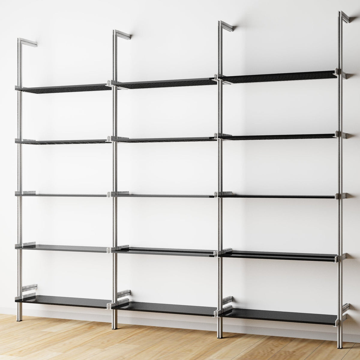 Modular shelving unit with black shelves and satin vertical posts, three bays, 24-inch shelf width, shown with open shelf levels.