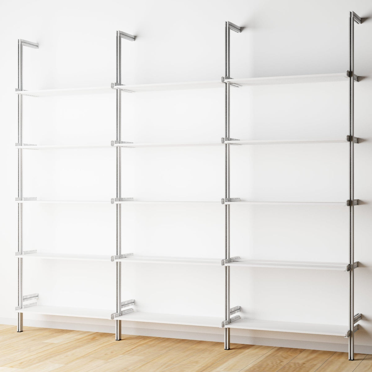 Modular shelving unit with white shelves and satin vertical posts, three bays, 24-inch shelf width, shown with open shelf levels.