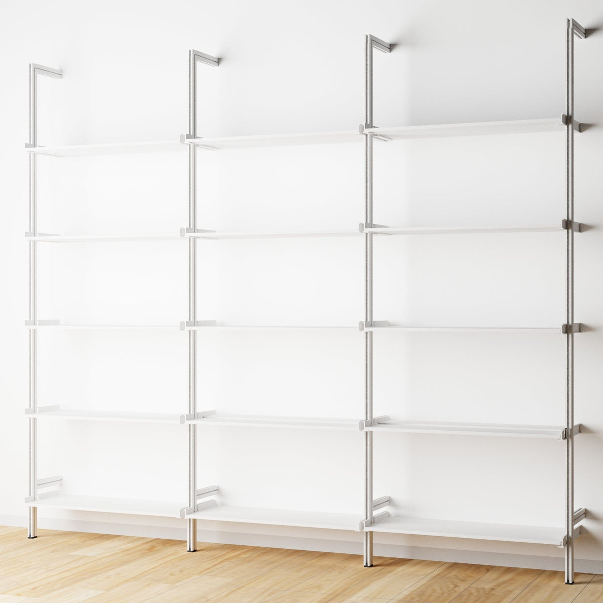 Modular shelving unit with white shelves and white vertical posts, three bays, 24-inch shelf width, shown with open shelf levels.
