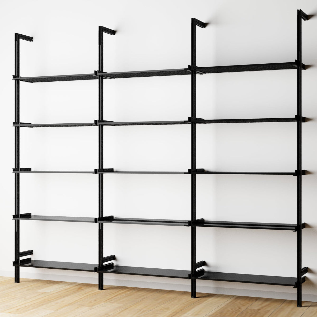 Modular shelving unit with black shelves and black vertical posts, three bays, 31-inch shelf width, shown with open shelf levels.