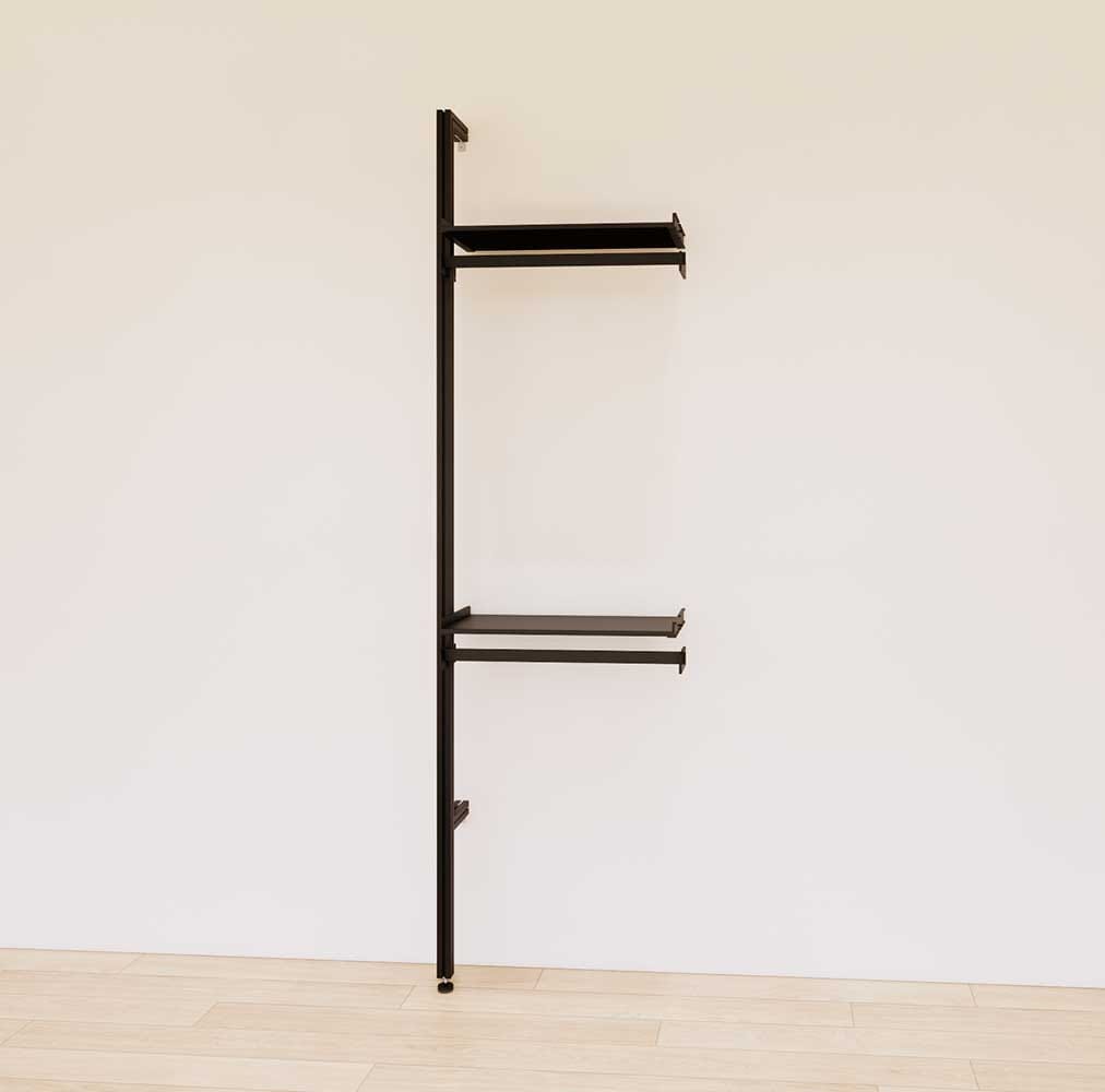 Retail display shelving extension with black shelves and black vertical post, shown with two display shelves and two hanger bars in a 24-inch, one-bay configuration.