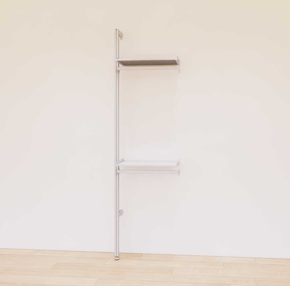 Retail display shelving extension with satin shelves and satin vertical post, shown with two display shelves and two hanger bars in a 24-inch, one-bay configuration.