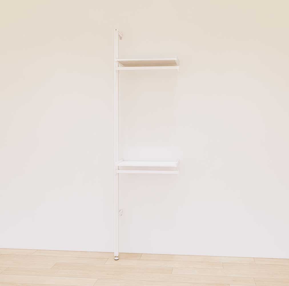 Retail display shelving extension with white shelves and white vertical post, shown with two display shelves and two hanger bars in a 24-inch, one-bay configuration.