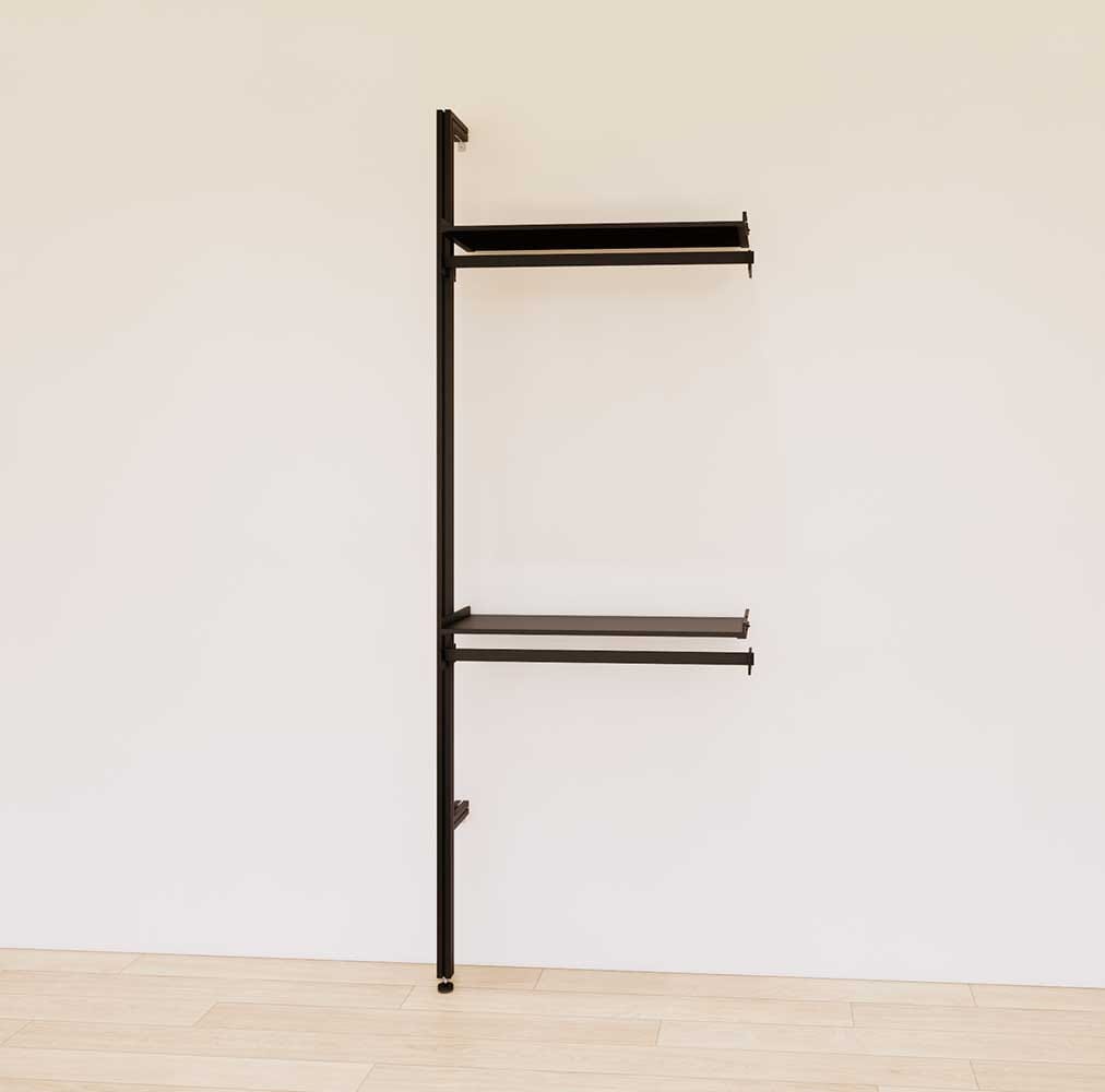 Retail display shelving extension with black shelves and black vertical post, shown with two display shelves and two hanger bars in a 31-inch, one-bay configuration.