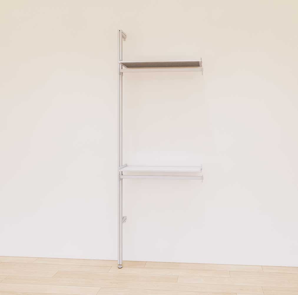 Retail display shelving extension with satin shelves and satin vertical post, shown with two display shelves and two hanger bars in a 31-inch, one-bay configuration.