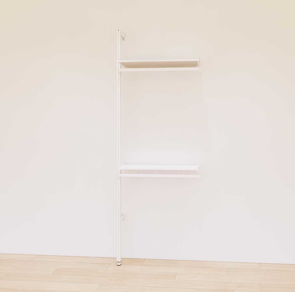 Retail display shelving extension with white shelves and white vertical post, shown with two display shelves and two hanger bars in a 31-inch, one-bay configuration.