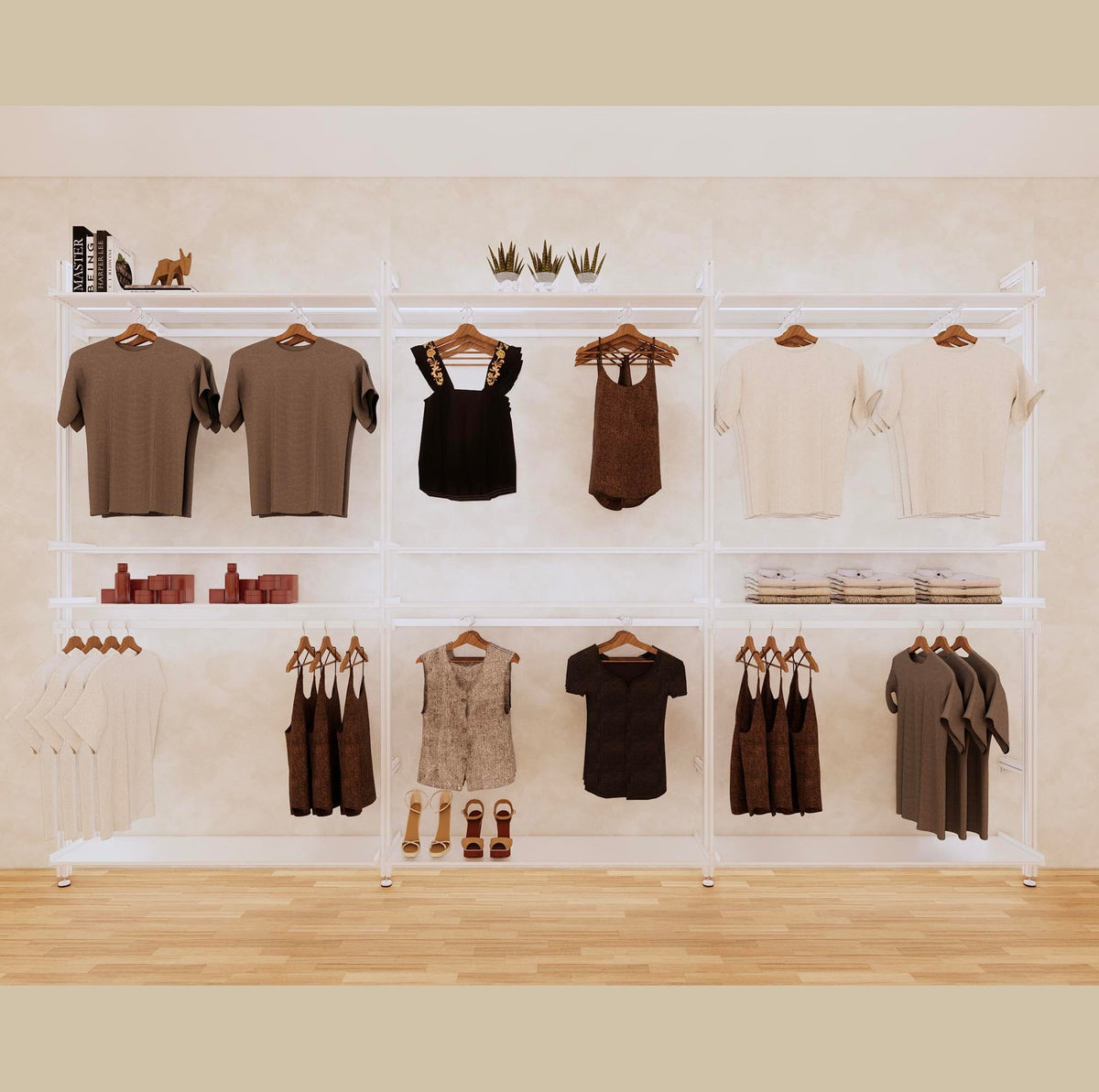 Three-bay retail display shelving unit with white shelves and white vertical posts, shown with open display shelves.
