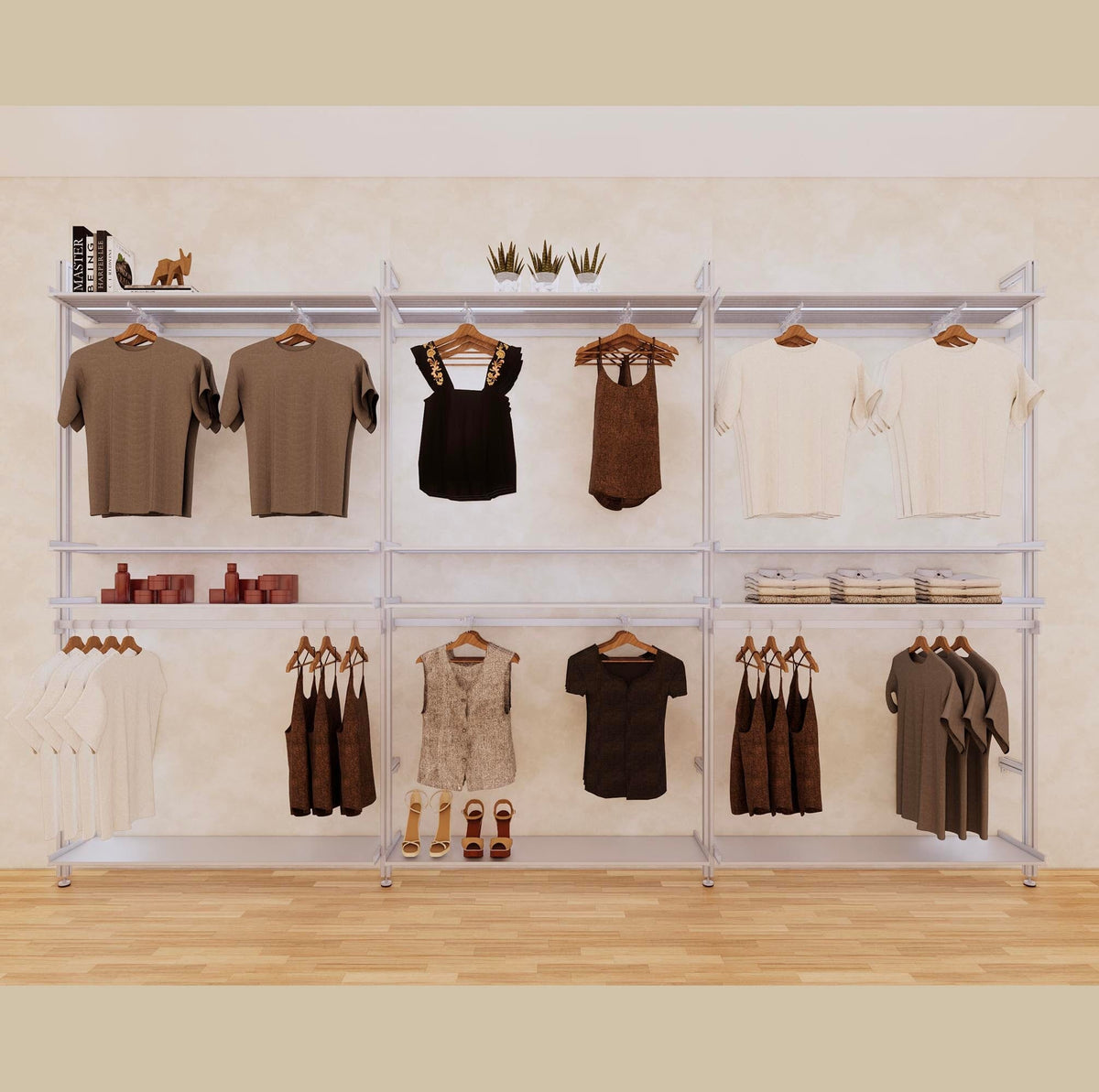 Three-bay retail display shelving unit with satin shelves and satin vertical posts, shown with open display shelves.