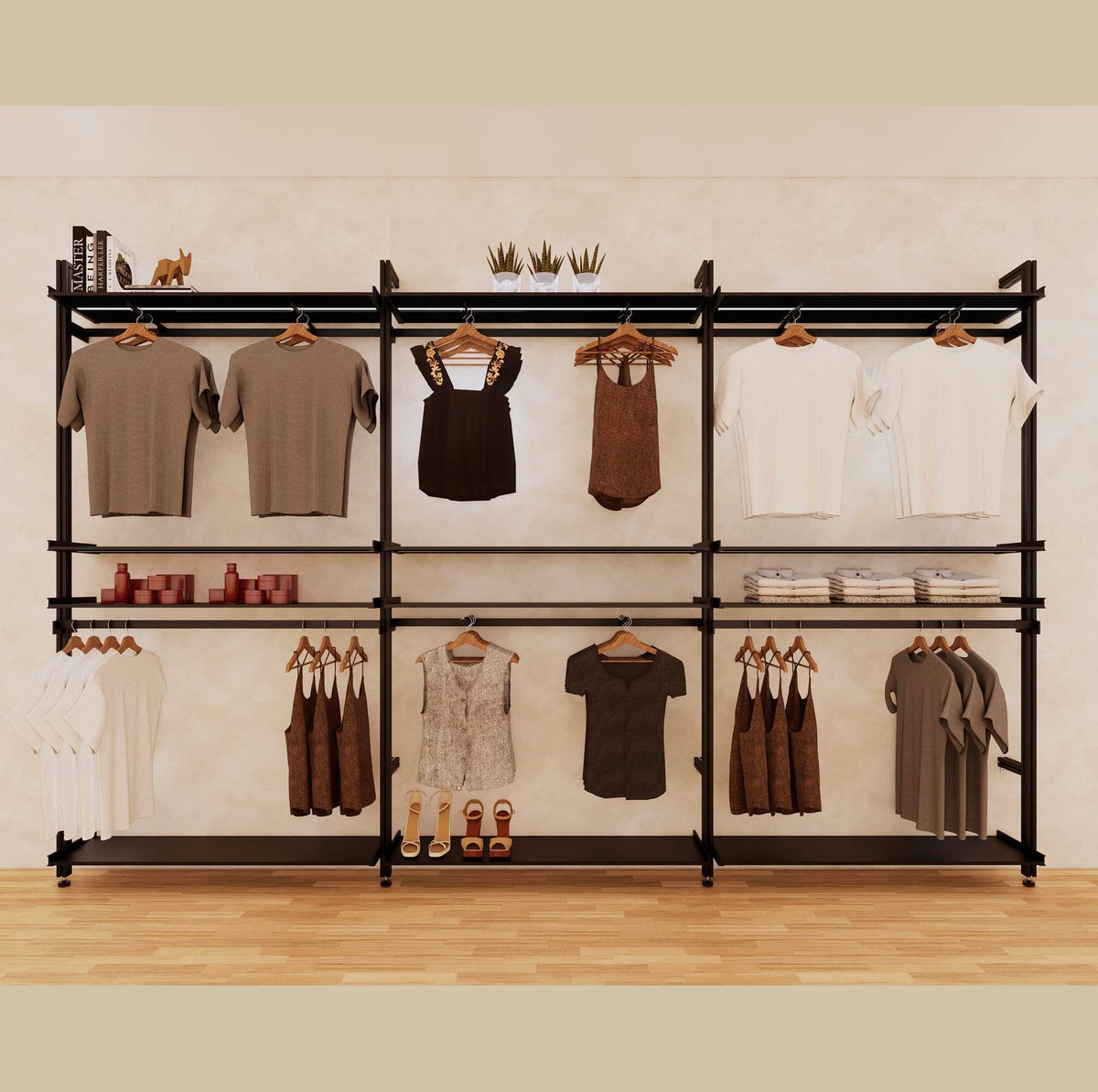 Three-bay retail display shelving unit with black shelves and black vertical posts, shown with open display shelves.