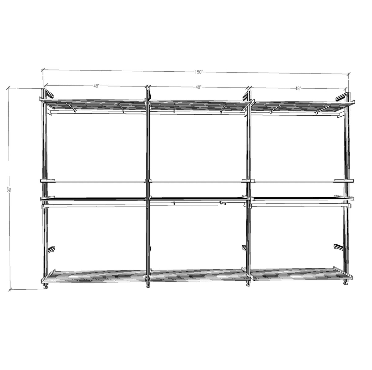 Technical drawing of a three-bay retail display shelving unit, showing overall dimensions and open shelf layout.