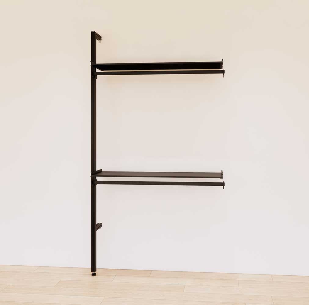 Retail display shelving extension with black shelves and black vertical post, shown with two display shelves and two hanger bars in a 48-inch, one-bay configuration.