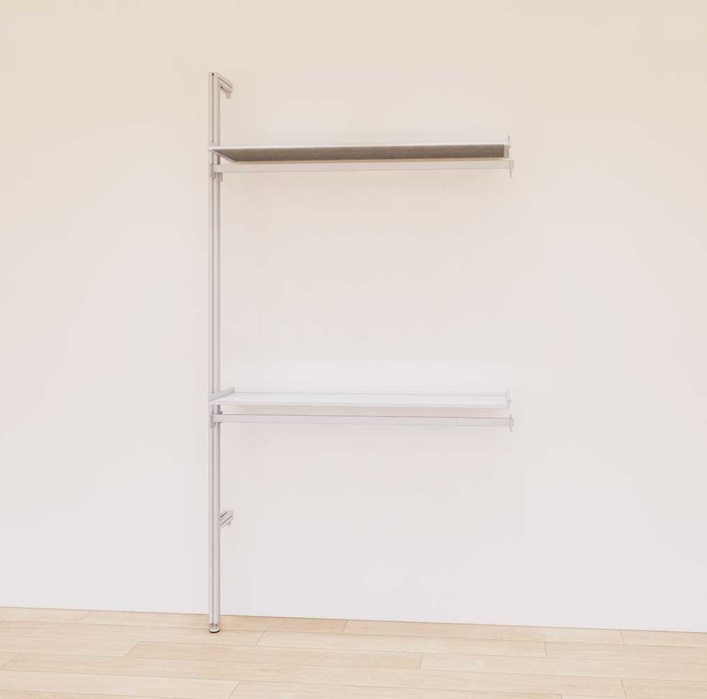 Retail display shelving extension with satin shelves and satin vertical post, shown with two display shelves and two hanger bars in a 48-inch, one-bay configuration.
