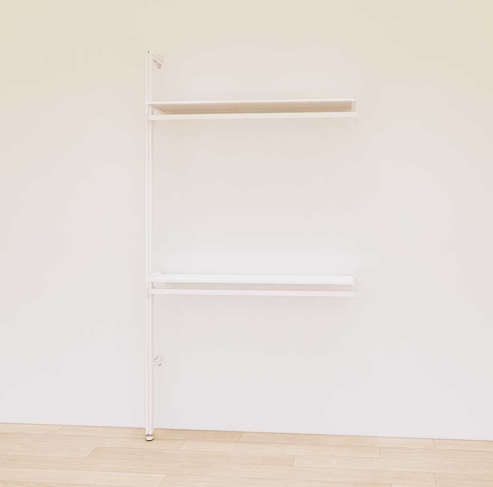 Retail display shelving extension with white shelves and white vertical post, shown with two display shelves and two hanger bars in a 48-inch, one-bay configuration.