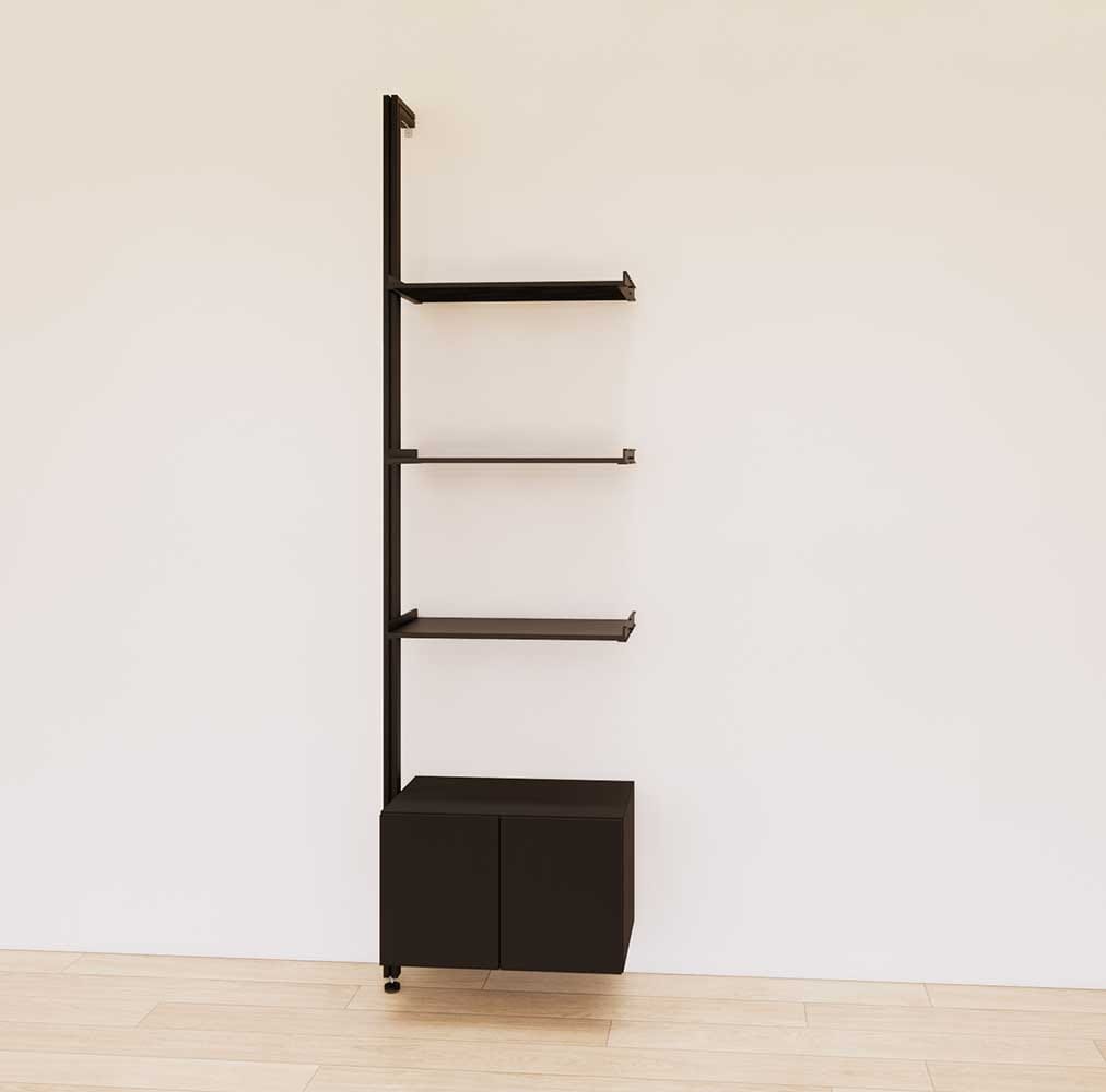 Retail display shelving extension with black shelves, black vertical post, and base cabinets in a 24-inch, one-bay configuration, shown with open display shelving.