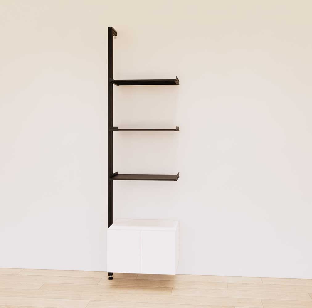 Retail display shelving extension with white shelves, black vertical post, and base cabinets in a 24-inch, one-bay configuration, shown with open display shelving.