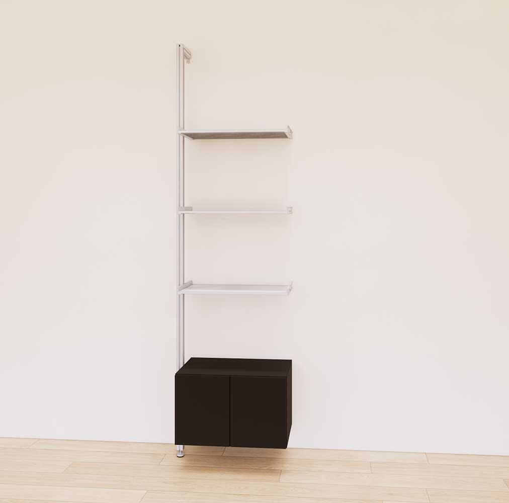 Retail display shelving extension with black shelves, satin vertical post, and base cabinets in a 24-inch, one-bay configuration, shown with open display shelving.