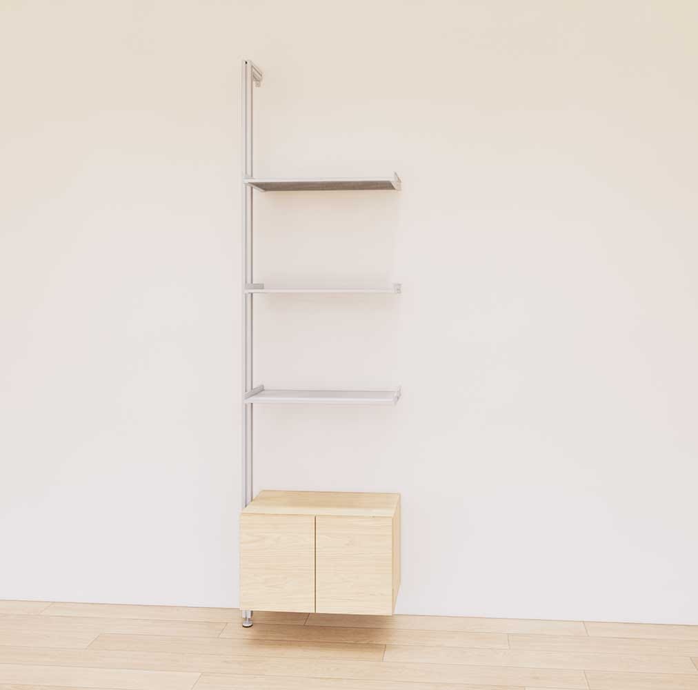 Retail display shelving extension with Casting Light shelves, satin vertical post, and base cabinets in a 24-inch, one-bay configuration, shown with open display shelving.