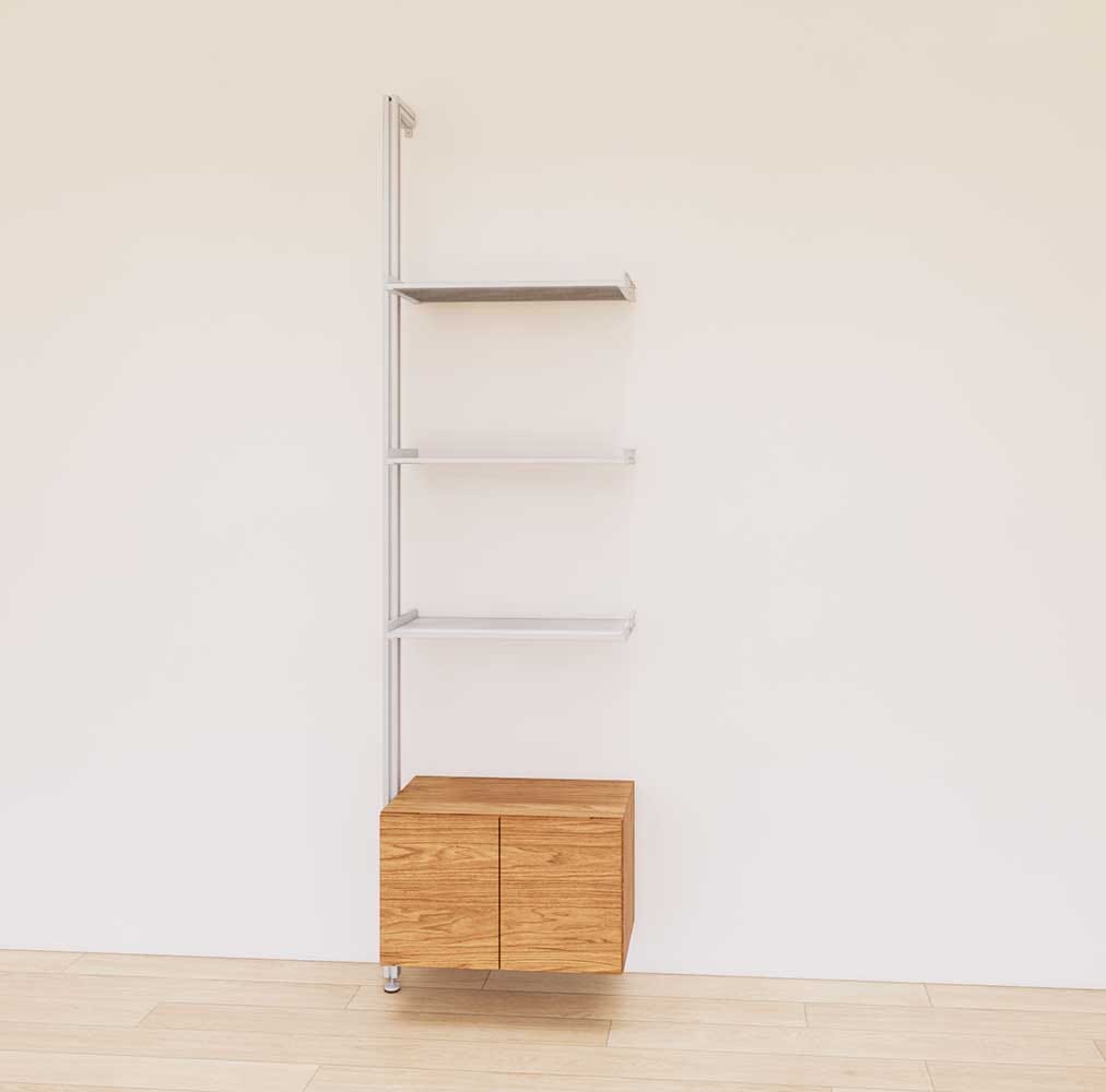 Retail display shelving extension with Tea for Two shelves, satin vertical post, and base cabinets in a 24-inch, one-bay configuration, shown with open display shelving.