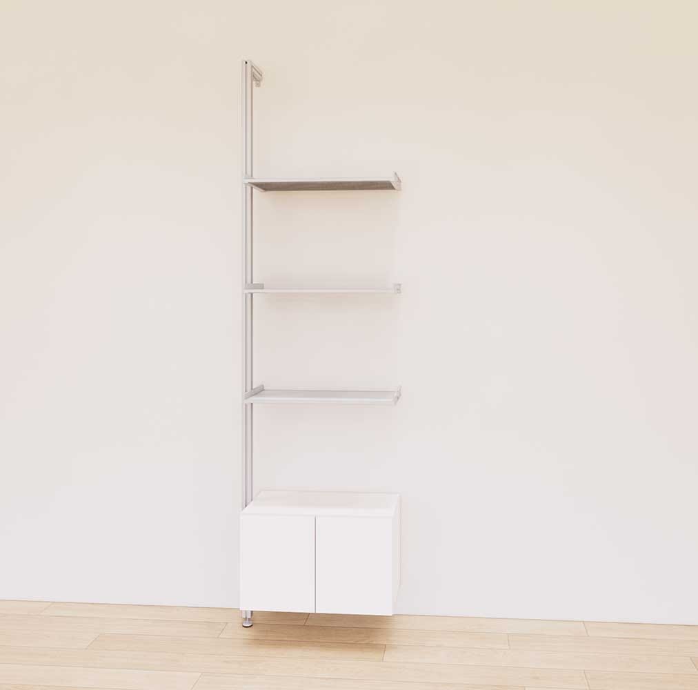Retail display shelving extension with white shelves, satin vertical post, and base cabinets in a 24-inch, one-bay configuration, shown with open display shelving.
