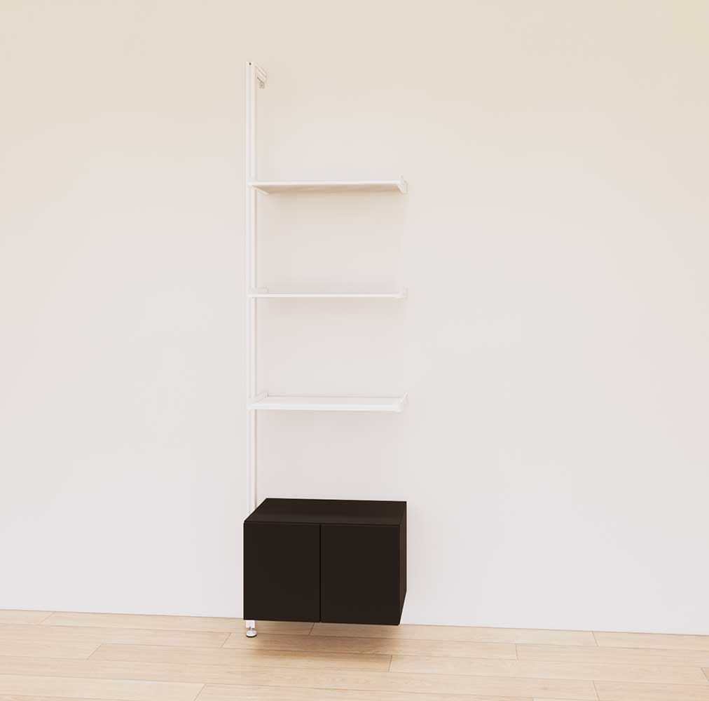 Retail display shelving extension with black shelves, white vertical post, and base cabinets in a 24-inch, one-bay configuration, shown with open display shelving.