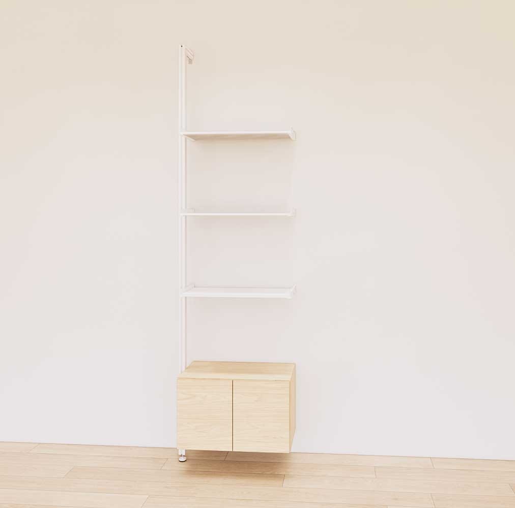 Retail display shelving extension with Casting Light shelves, white vertical post, and base cabinets in a 24-inch, one-bay configuration, shown with open display shelving.