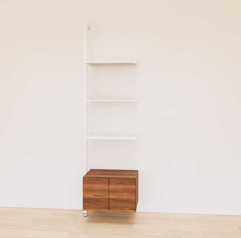 Retail display shelving extension with wood-tone SOI finish shelves, white vertical post, and base cabinets in a 24-inch, one-bay configuration, shown with open display shelving.