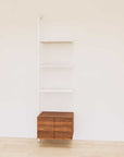 Retail display shelving extension with wood-tone SOI finish shelves, white vertical post, and base cabinets in a 24-inch, one-bay configuration, shown with open display shelving.